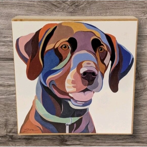 Dog Art Portrait Square Sarah Thornton Oil Painting Wood Colorful Block Abstract - Picture 1 of 12